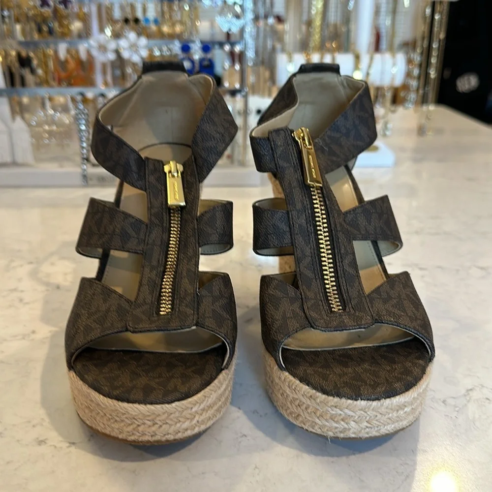 Michael Kors brown monogram wedge sandals size 7